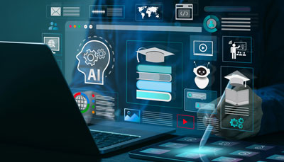 Person using stylus on digital interface showing AI, education, and tech icons above a laptop.